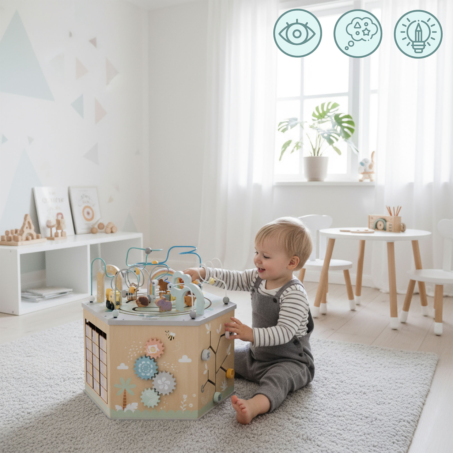 Suur puidust õppekuubik - Montessori mänguasi magnetilise rongi ja motoorikasilmustega