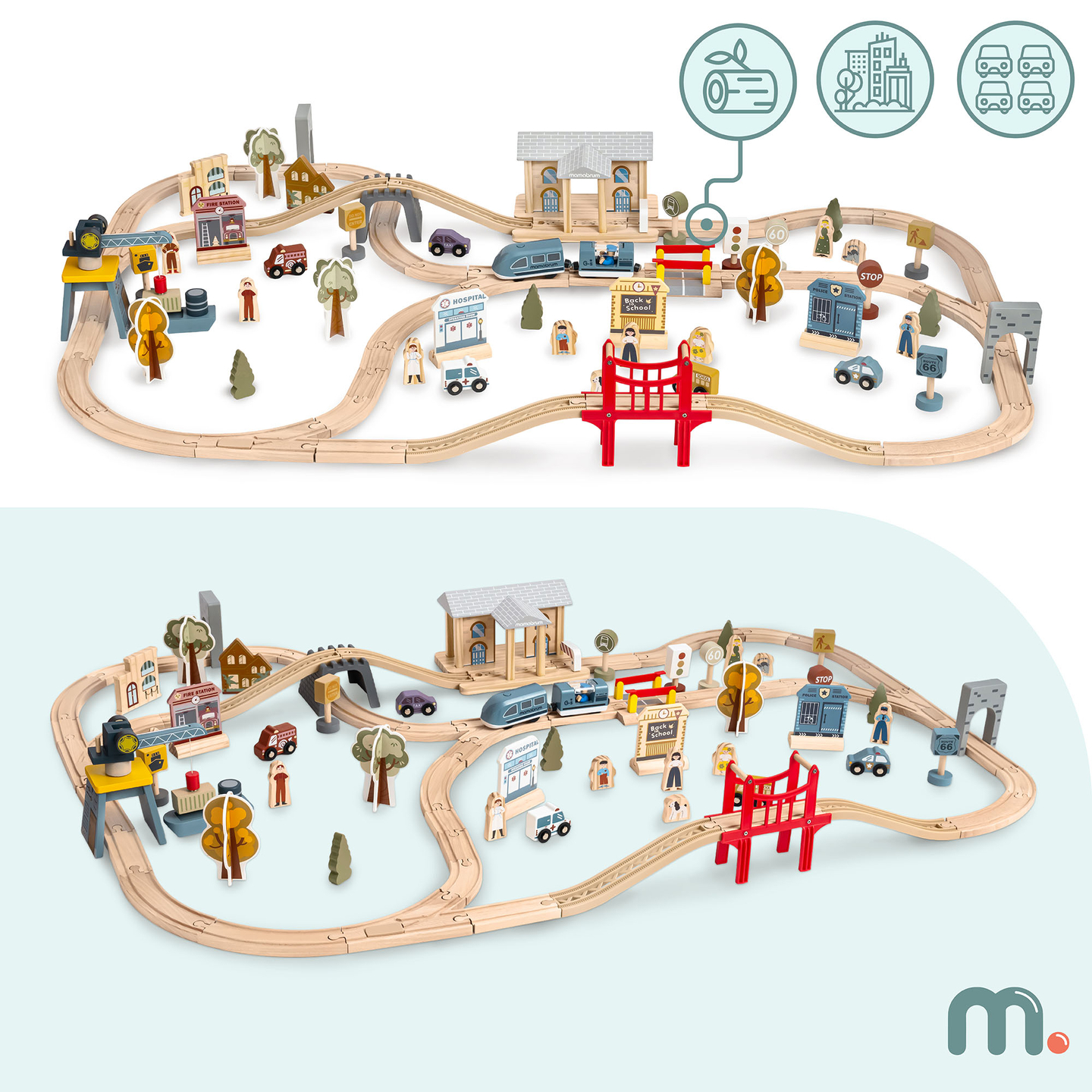 Puidust linnaraudtee elektrirongiga - liikuv kraana, laev, sillad