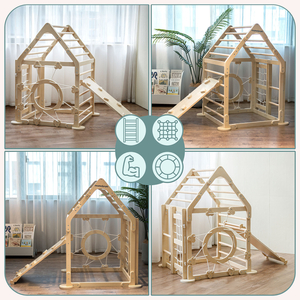 Puidust sisemänguväljak lastele - maja redelitega ja liumäega