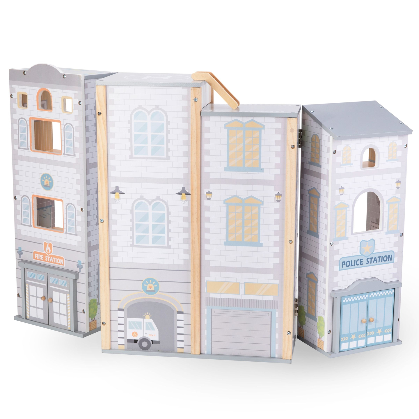 Suur kokkupandav tuletõrjejaam koos politseijaamaga - puidust komplekt. Tuletõrjejaam ja politseijaam koos tarvikutega.