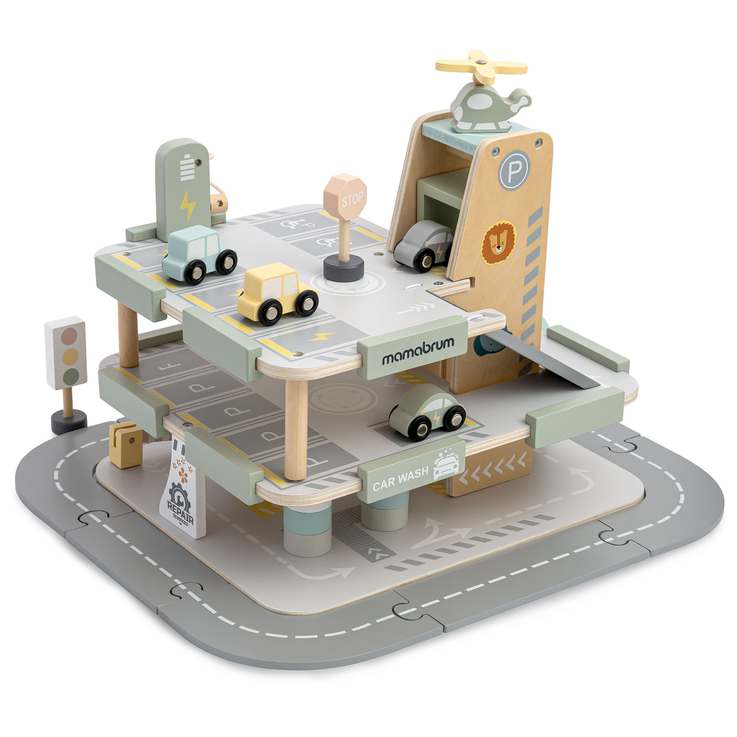 Puidust kolmekorruseline lastega garaaž koos lisatarvikutega – parkla, bensiinijaam, autopesula, helikopter