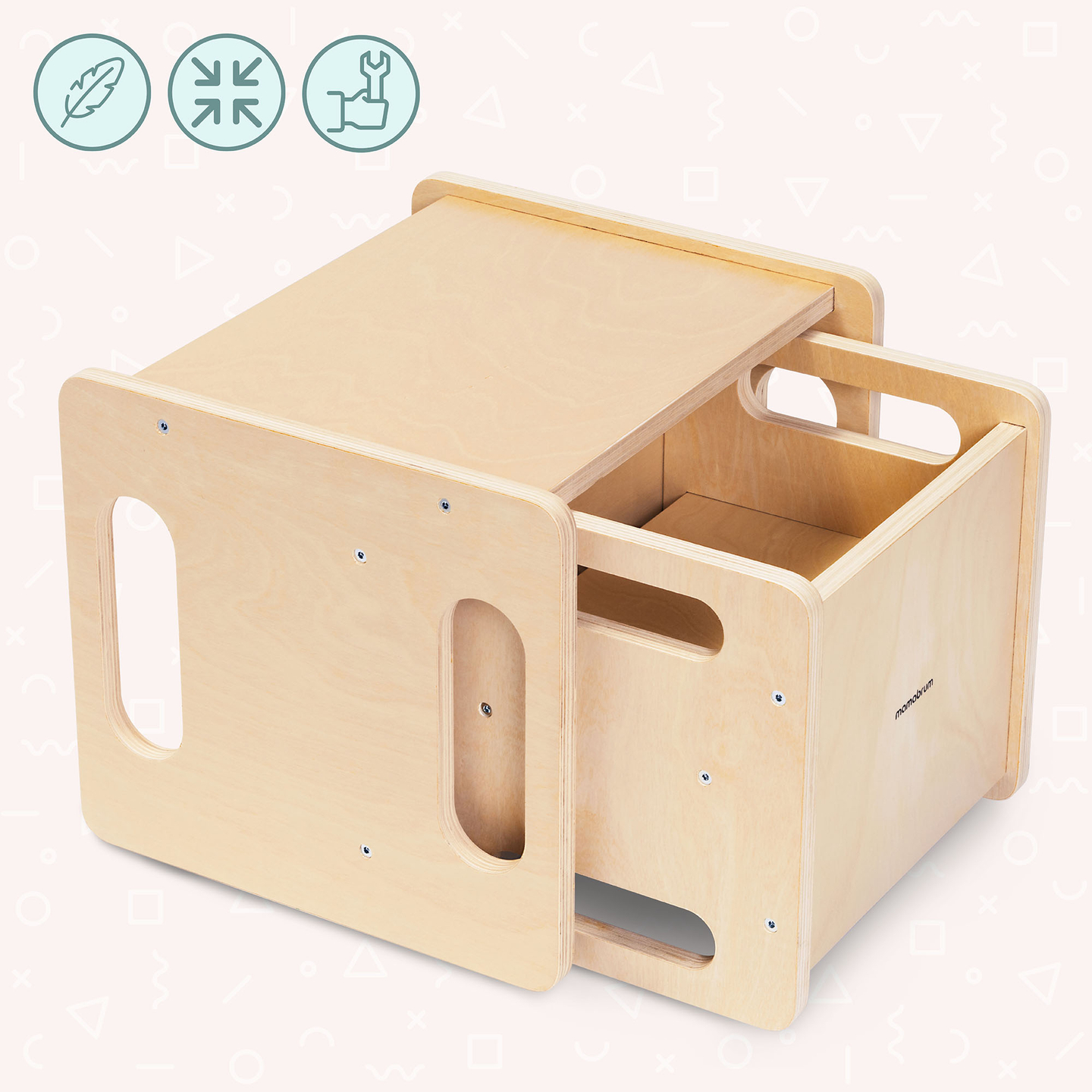 Puidust laud ja tool astmelaua funktsiooniga – multifunktsionaalne Montessori komplekt lastele