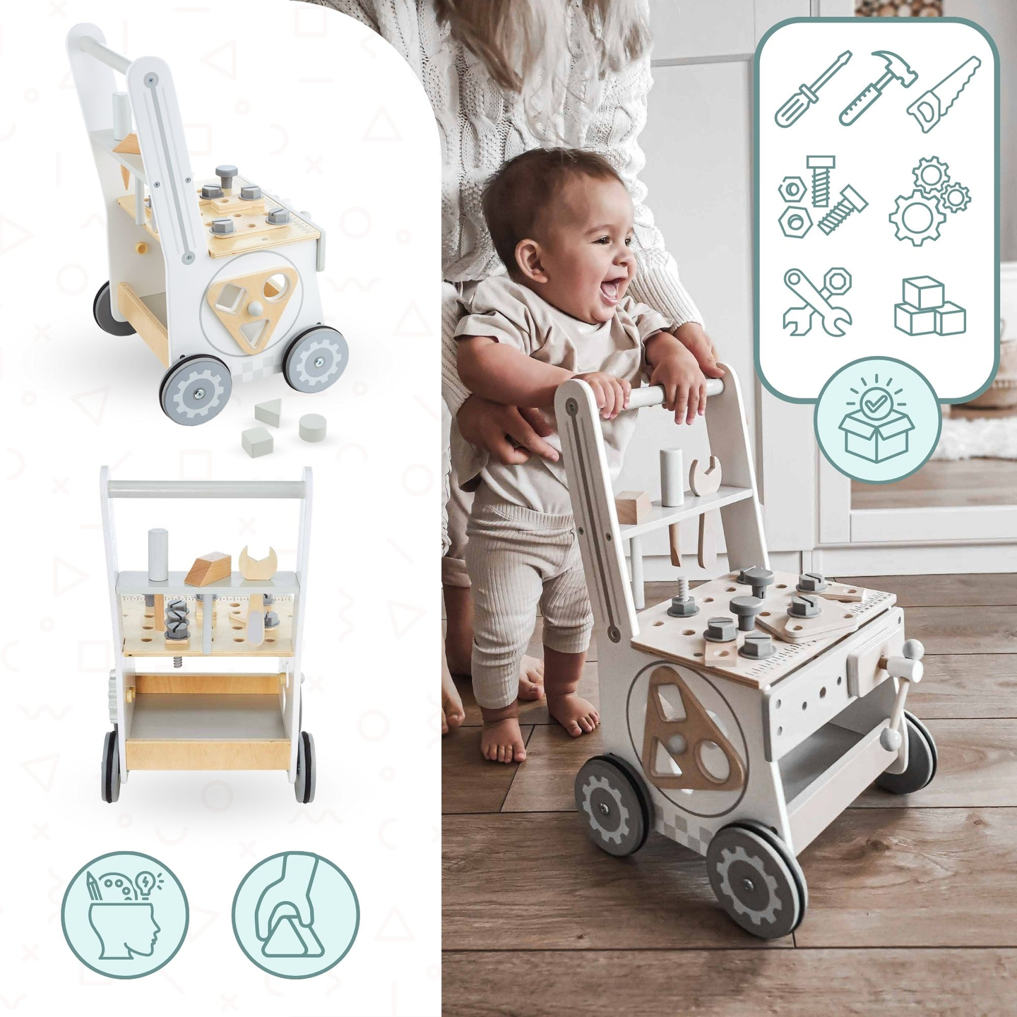 3-in-1 puust kõndija, tõukur + töökoda - 47 elementi