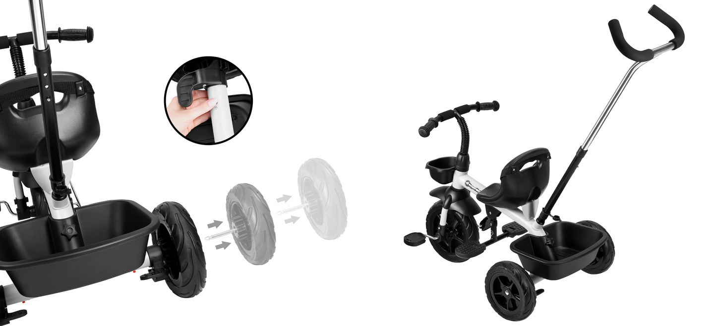 HyperMotion TOBI VECTOR kolmerattaline jalgratas - igavesed täispuhutavad rattad + tõukeratas. Värv: helehall.