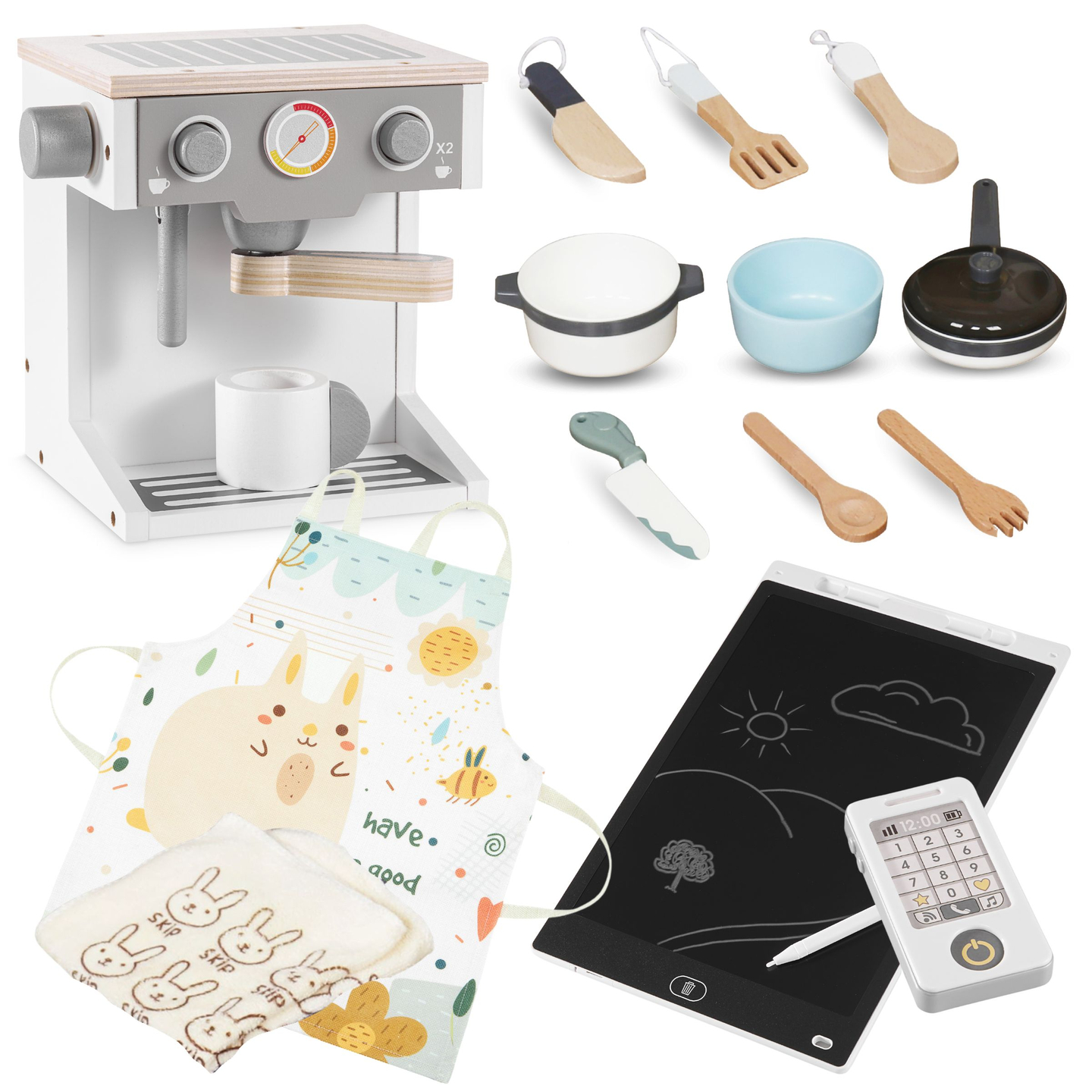 XXXXL suur puidust interaktiivne köök LED-valgustusega, pesumasin, mikrolaineahi, kohvimasin ning puu- ja köögiviljakomplekt - 50 elementi