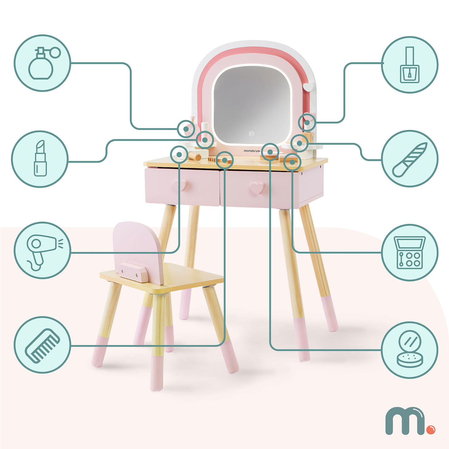 Puidust laste tualettlaud LED-valgustusega, millel on sujuv heleduse reguleerimine, tool ja aksessuaarid