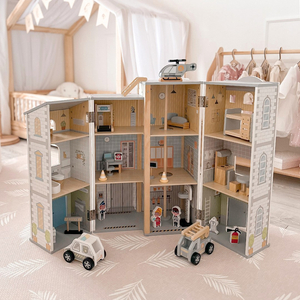 Suur kokkupandav tuletõrjejaam koos politseijaamaga - puidust komplekt. Tuletõrjejaam ja politseijaam koos tarvikutega.