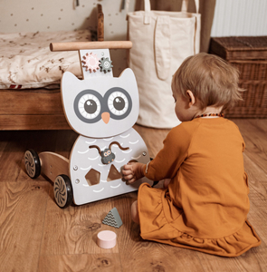 Puidust multifunktsionaalne jalutuskäru - tõuker - klotsidega lapsevanker - Owl