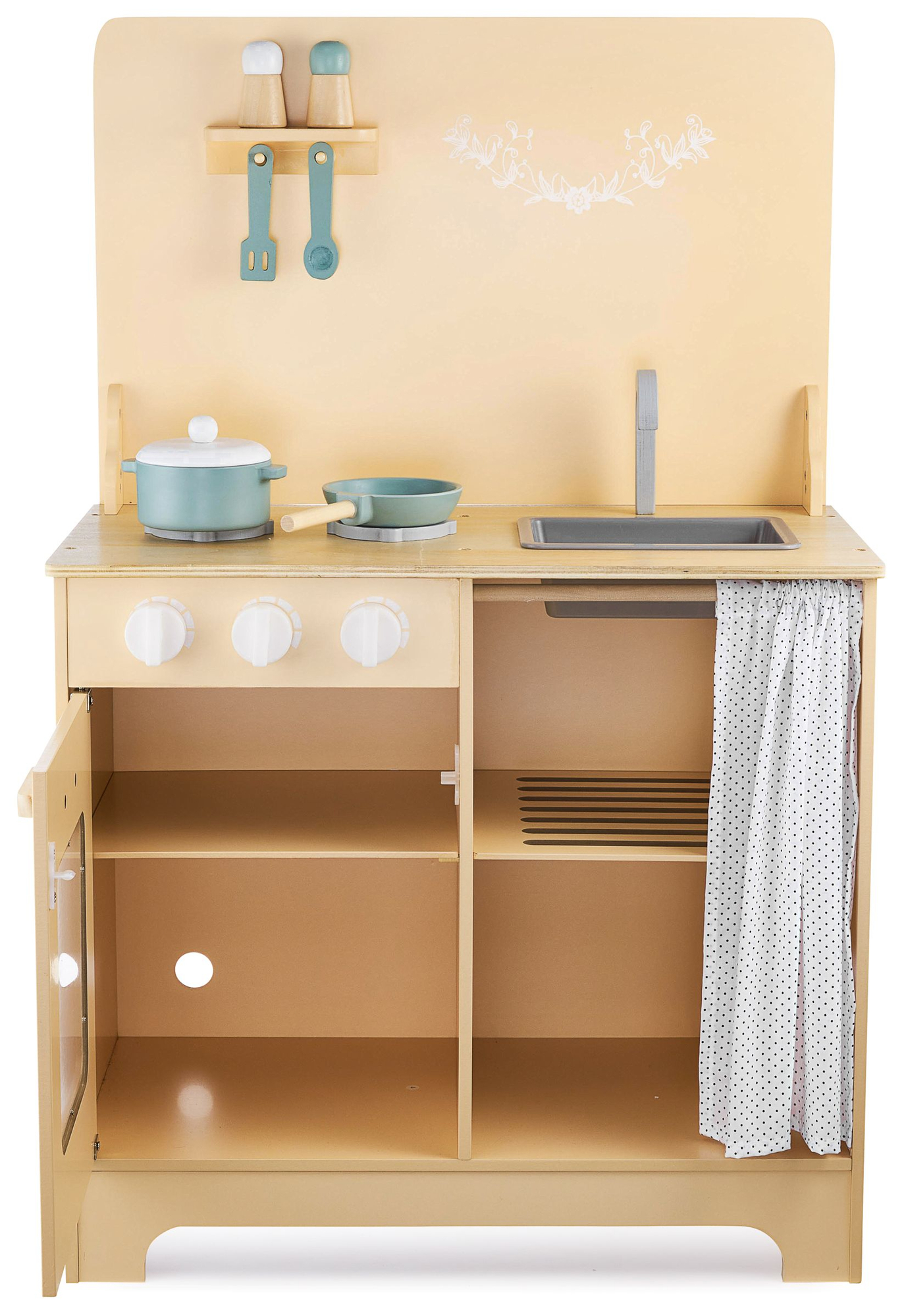 Puidust köök koos esiplaadi, tarvikute ja LED-valgustusega