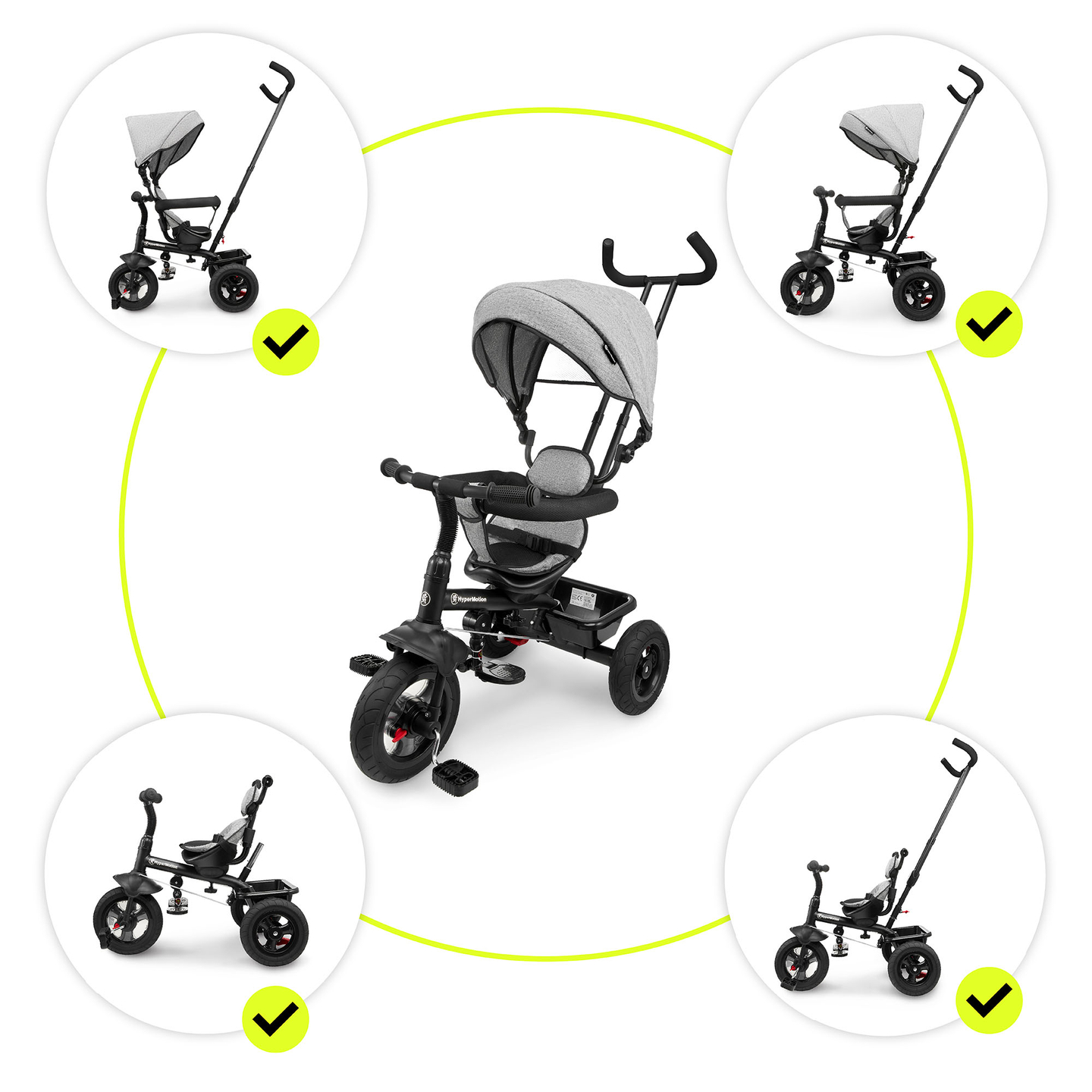 Kolmerattaline jalgratas lastele 1-4 aastat - TOBI FREY - hall värv - pöörlev - pumbatavad rattad + tõukeratas