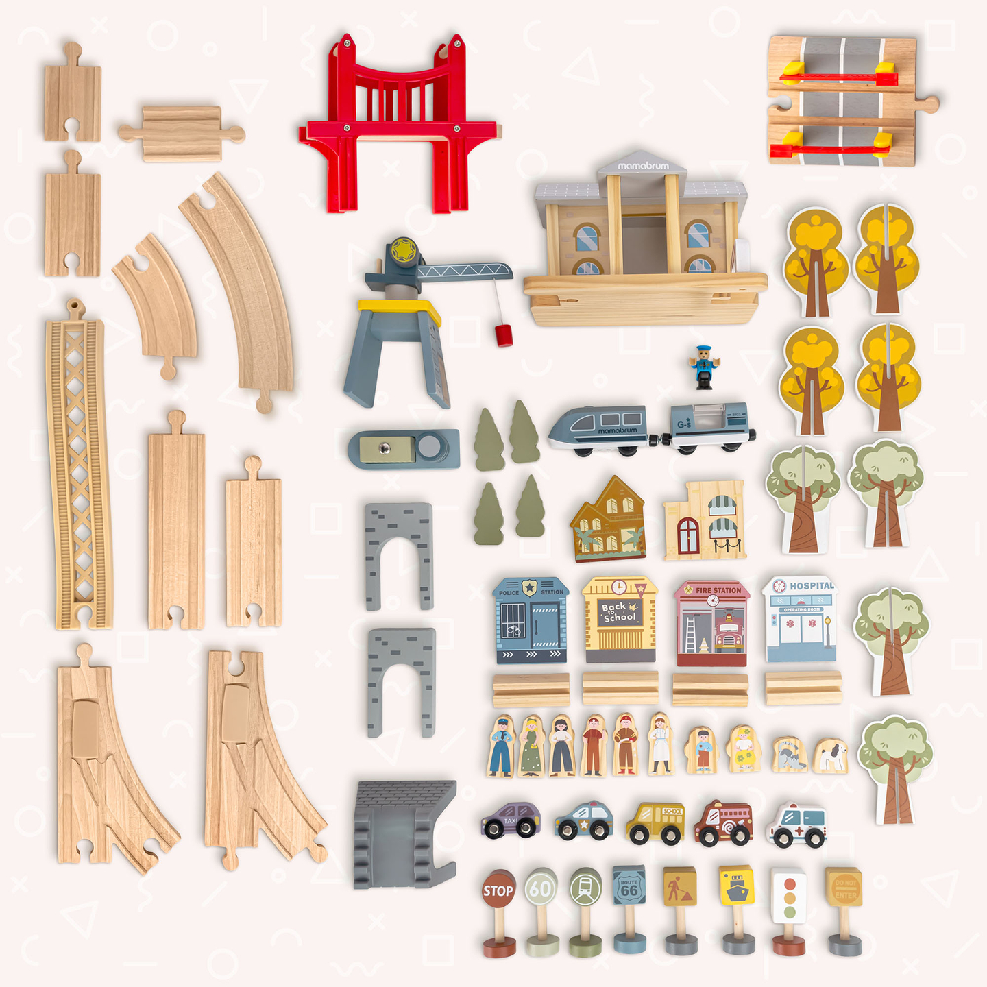 Puidust linnaraudtee elektrirongiga - liikuv kraana, laev, sillad