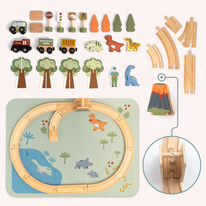 Dino Park puidust rong libisemisvastase matiga - dinosaurused, rong, rööpad, vulkaan, kell