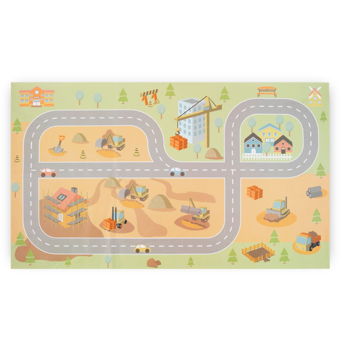 Puidust ehitusplats koos suure liikurkraana ja sõidukitega, tornkraana