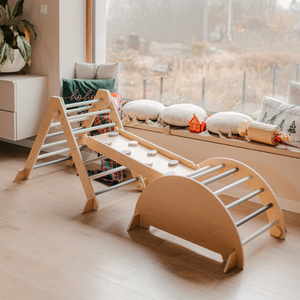 Puidust sisemänguväljak lastele - ronimissein, liumägi, ronimiskaar/kiik ja Pikleri kolmnurk