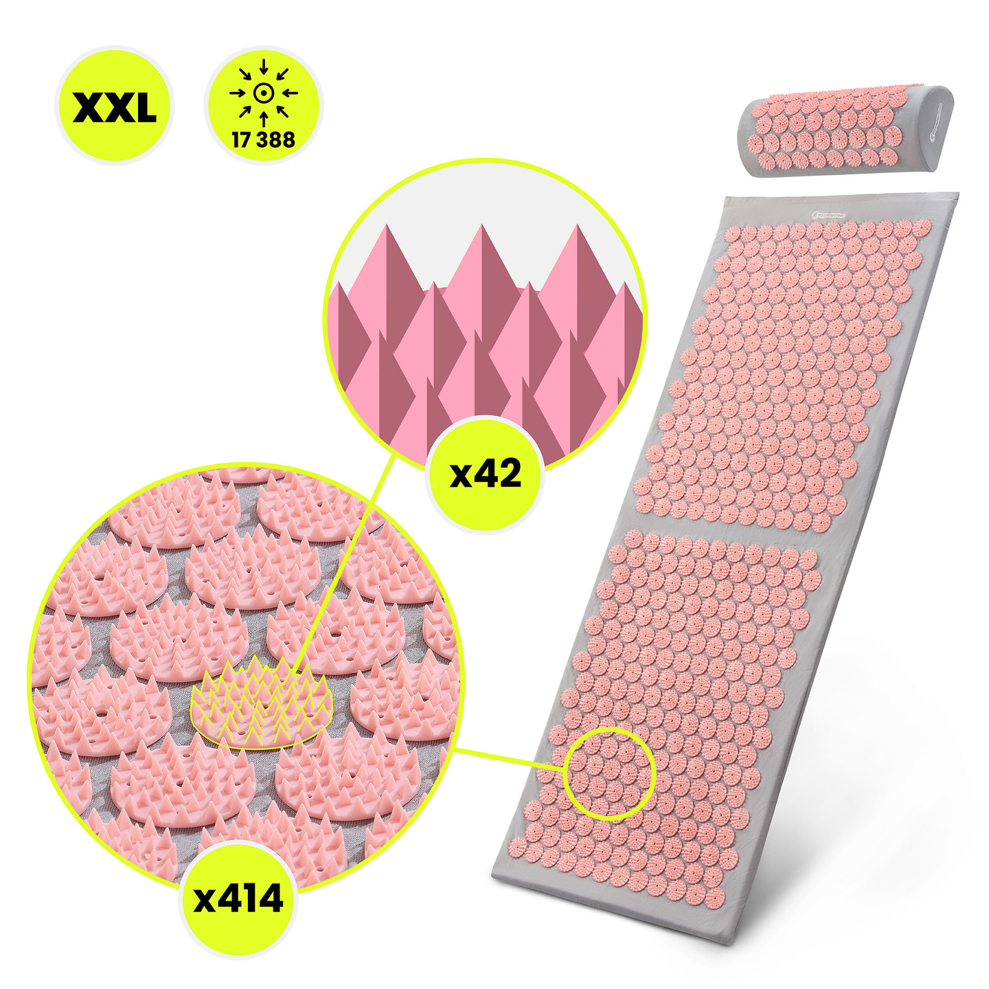 Suur nõelravimatt padja ja kattega - 130 cm HyperMotion hall ja roosa