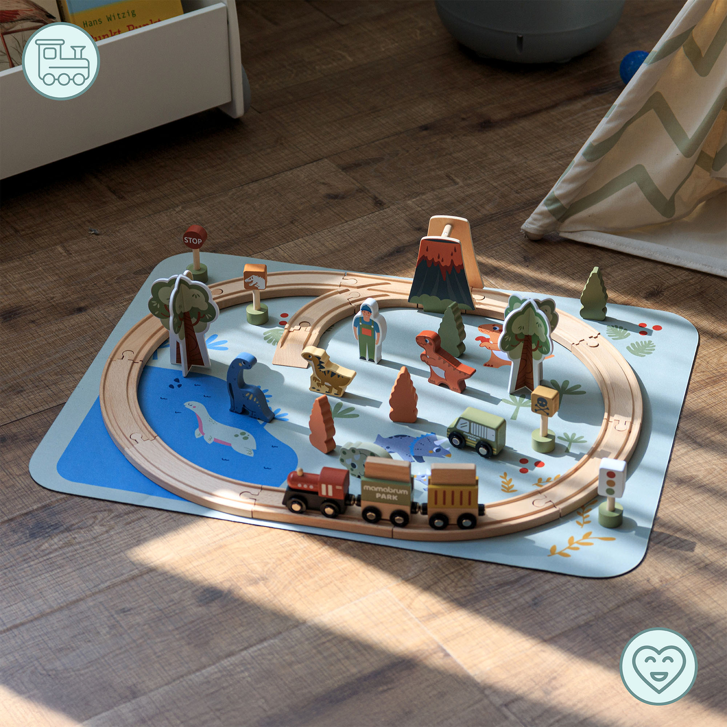 Dino Park puidust rong libisemisvastase matiga - dinosaurused, rong, rööpad, vulkaan, kell