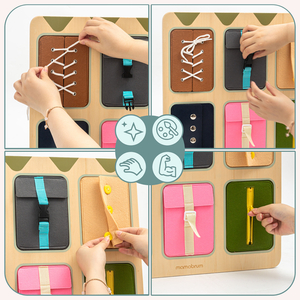 Puidust Montessori manipulatiivlaud – sensoorne iseseisvuse õppimine - paelad, pandlad, nööbid, trukid, lukk