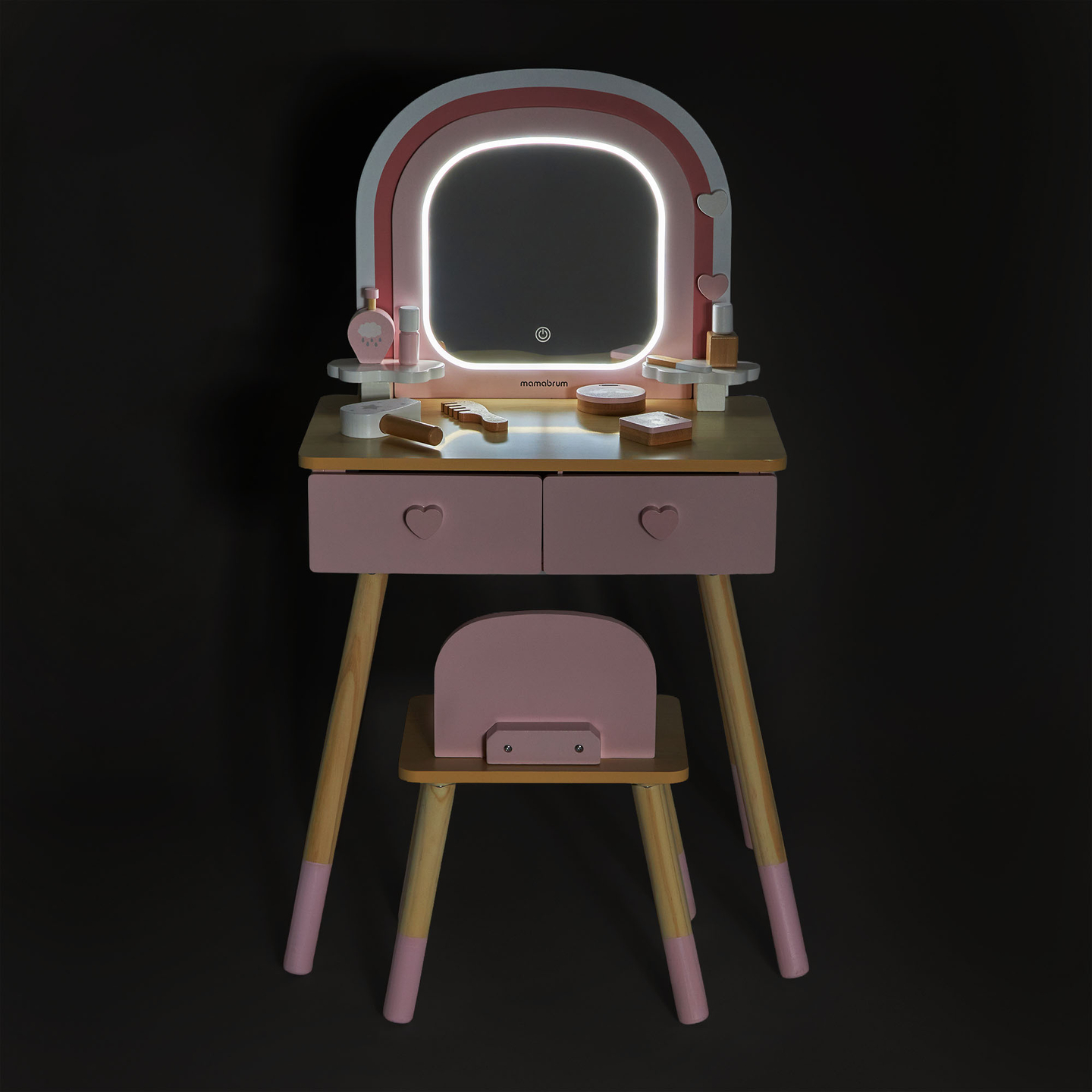 Puidust laste tualettlaud LED-valgustusega, millel on sujuv heleduse reguleerimine, tool ja aksessuaarid