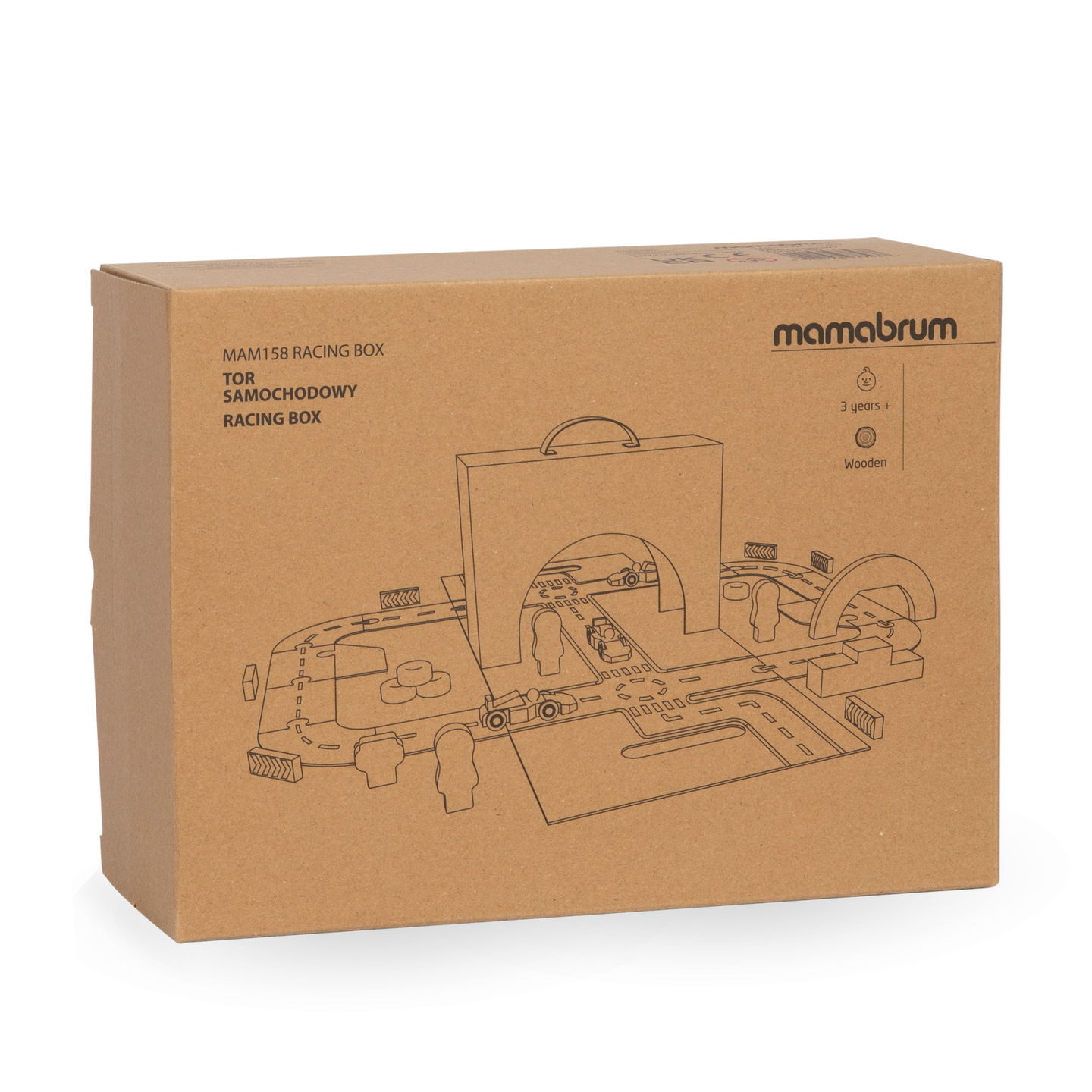 Magnetkohver võidusõiduraja, puidust sõidukite ja teetarvikutega