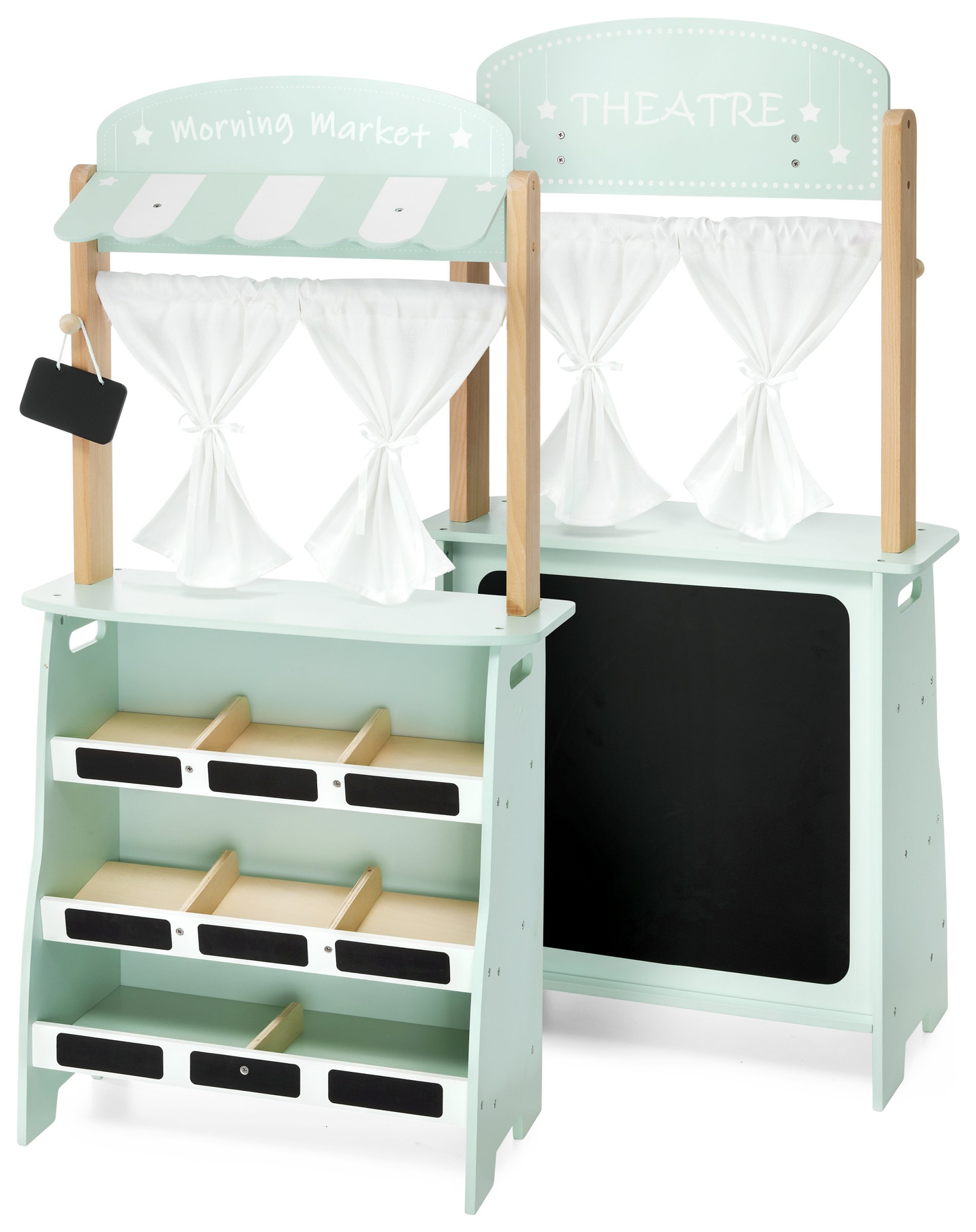 Suur puust kauplus - kiosk ja teater 2 in 1 koos kaaluga, makseterminal, puu- ja köögiviljadega