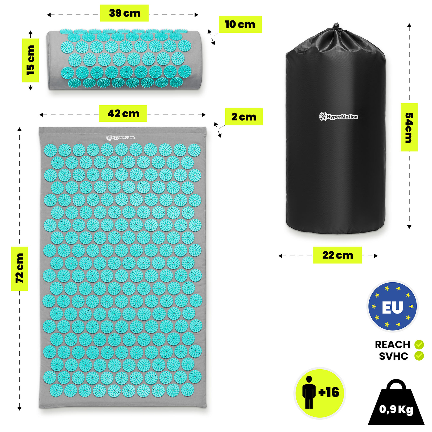 Akupressuurmatt padja ja kattega - 72 cm HyperMotion hall-münt