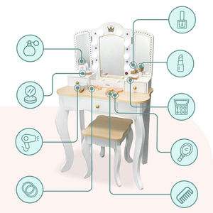 XXL puidust riietuslaud koos jopega ja LED-valgustusega lastele + tarvikud