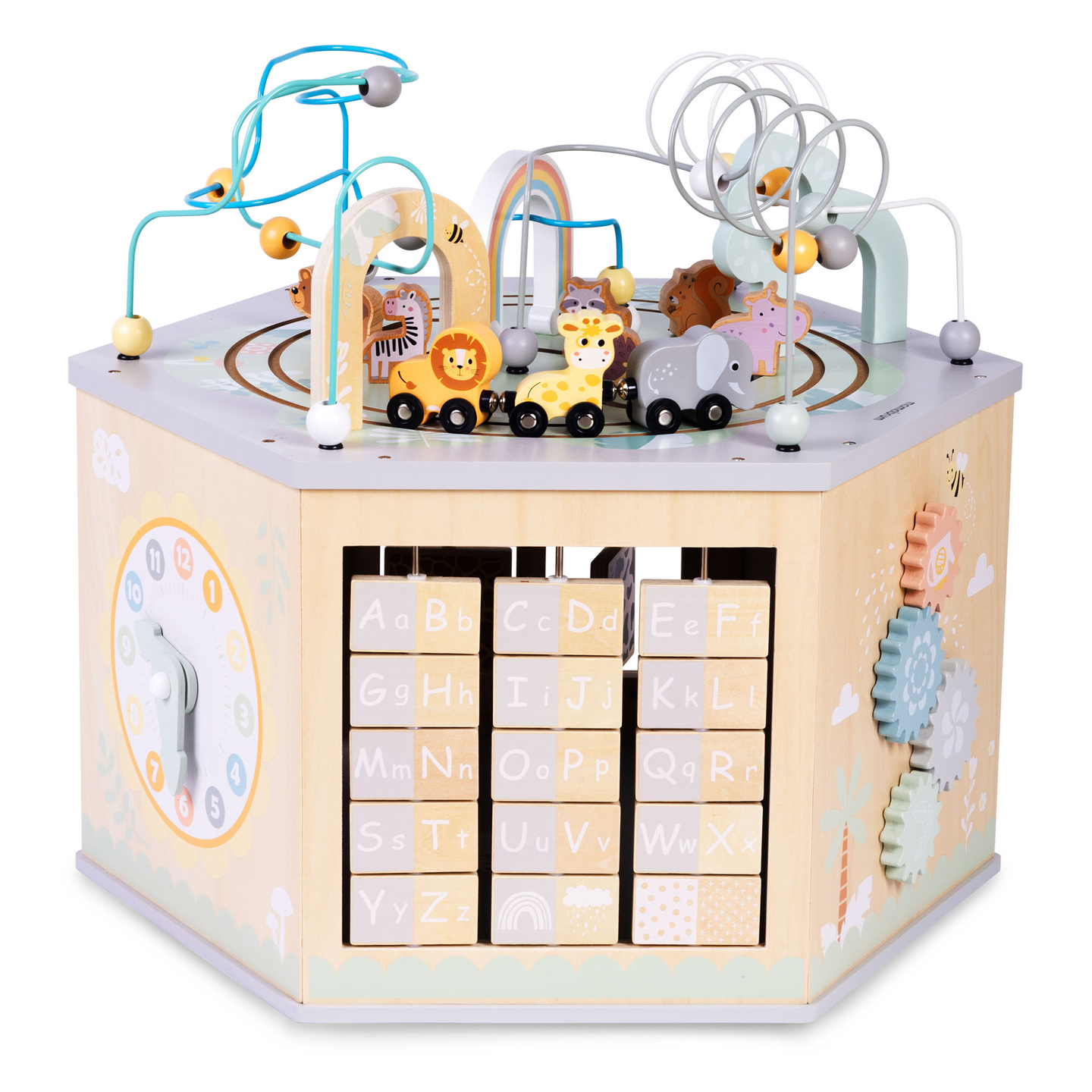 Suur puidust õppekuubik - Montessori mänguasi magnetilise rongi ja motoorikasilmustega