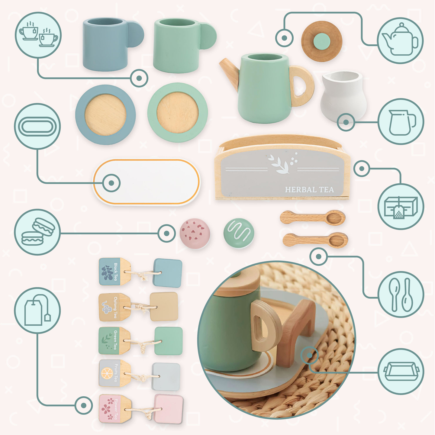 Suur puidust teekomplekt koos kandikuga - 18 toodet