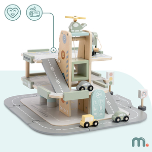 Puidust kolmekorruseline lastega garaaž koos lisatarvikutega – parkla, bensiinijaam, autopesula, helikopter