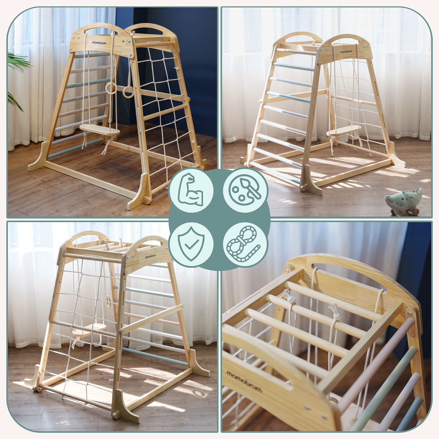 Puidust sisemänguväljak kiige, võimlemisrõngaste ja ronimisvõrguga