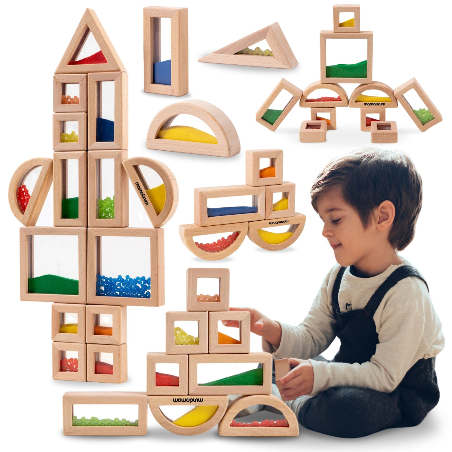 Erinevate täidistega puidust sensoorsete klotside komplekt - 15 tk