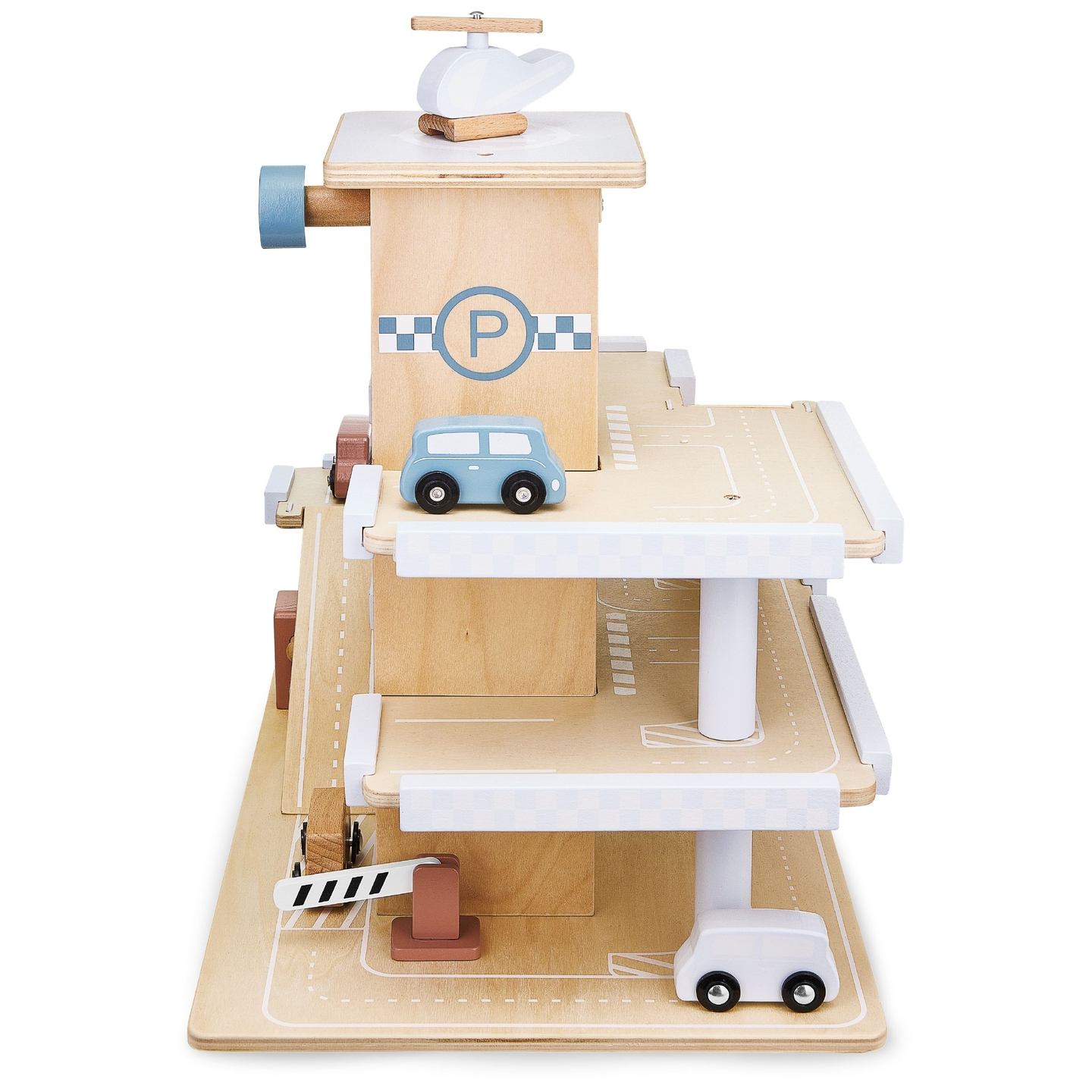 Puidust kolmekorruseline parkla koos liftiga - autode ja helikopteri garaažiga