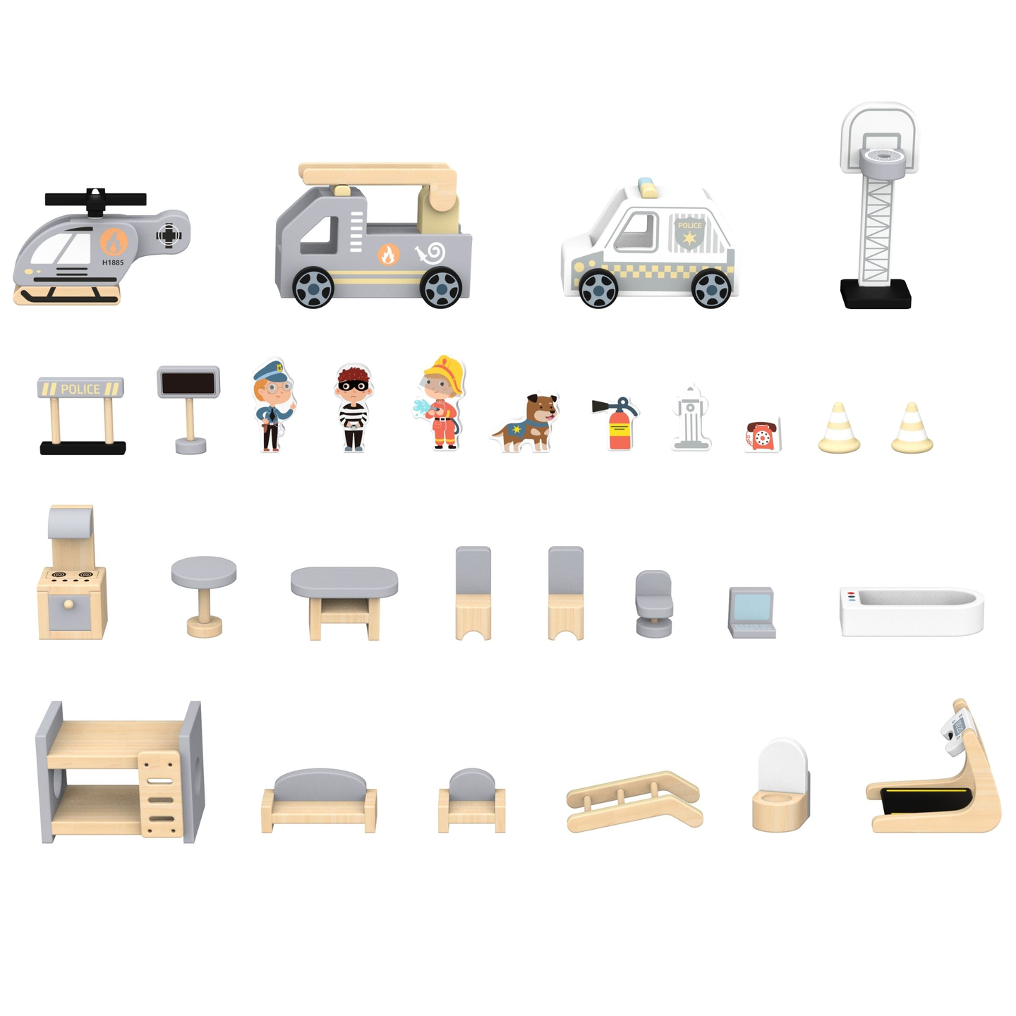 Suur kokkupandav tuletõrjejaam koos politseijaamaga - puidust komplekt. Tuletõrjejaam ja politseijaam koos tarvikutega.