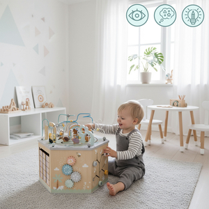 Suur puidust õppekuubik - Montessori mänguasi magnetilise rongi ja motoorikasilmustega