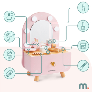 Puidust mini tualettlaud lastele aksessuaaride ja sujuva heleduse reguleerimisega LED-valgustusega