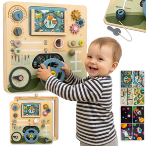 Puidust Montessori laud 2-ühes kokpit väikesele juhile ja piloodile – rool, käigukang, reisikaardid, radar