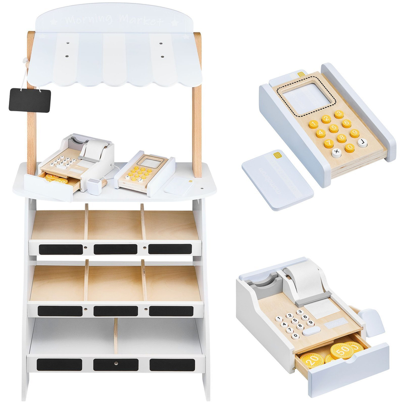 Köögiviljapood - puust kiosk kastidega, kassaaparaat ja terminal