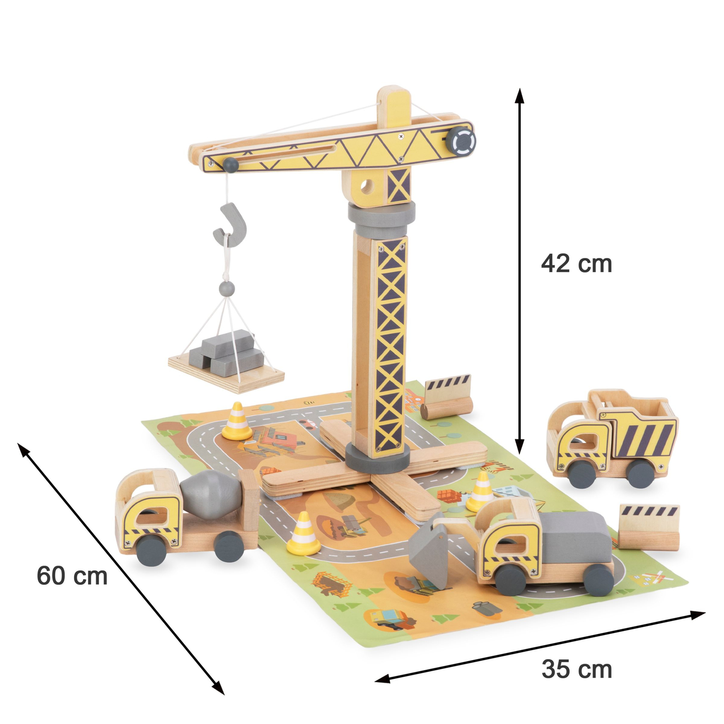 Puidust ehitusplats koos suure liikurkraana ja sõidukitega, tornkraana