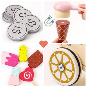 Puidust jäätisekohvik lastele - ratastel käru koos tarvikutega