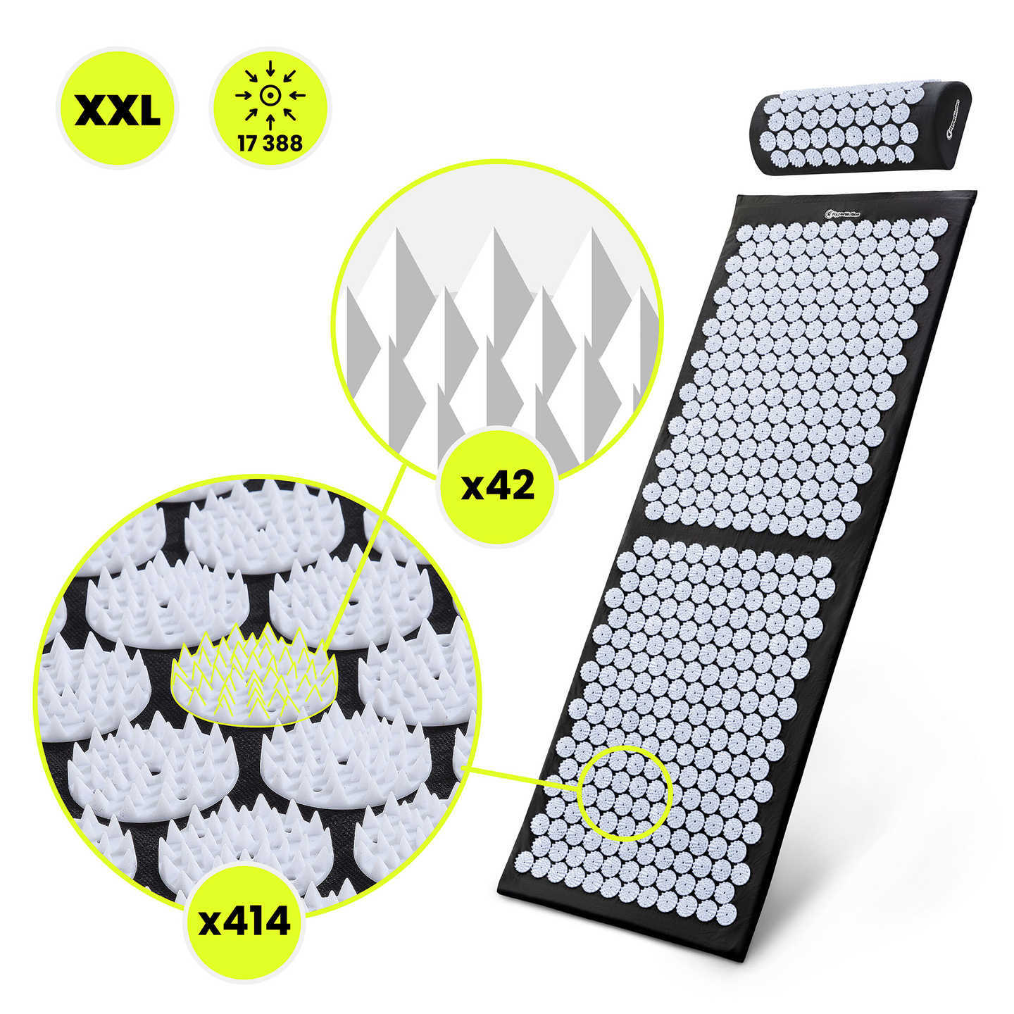 Suur nõelravimatt padja ja kattega - 130 cm HyperMotion mustvalge