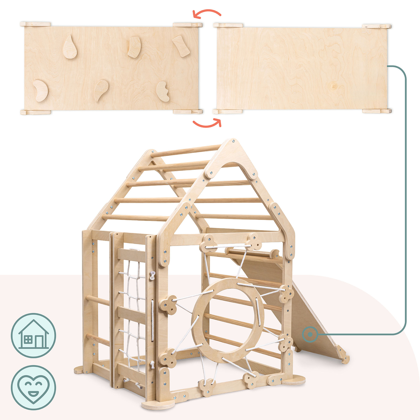 Puidust sisemänguväljak lastele - maja redelitega ja liumäega