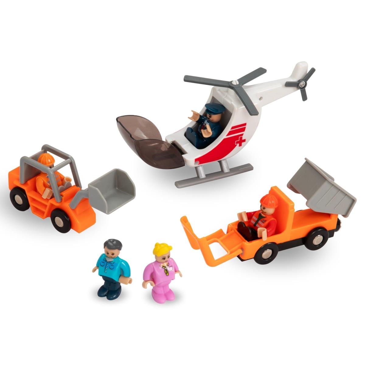 Puidust raudtee, akuga rong - Linn: rööpad, autod, sild, lennujaam