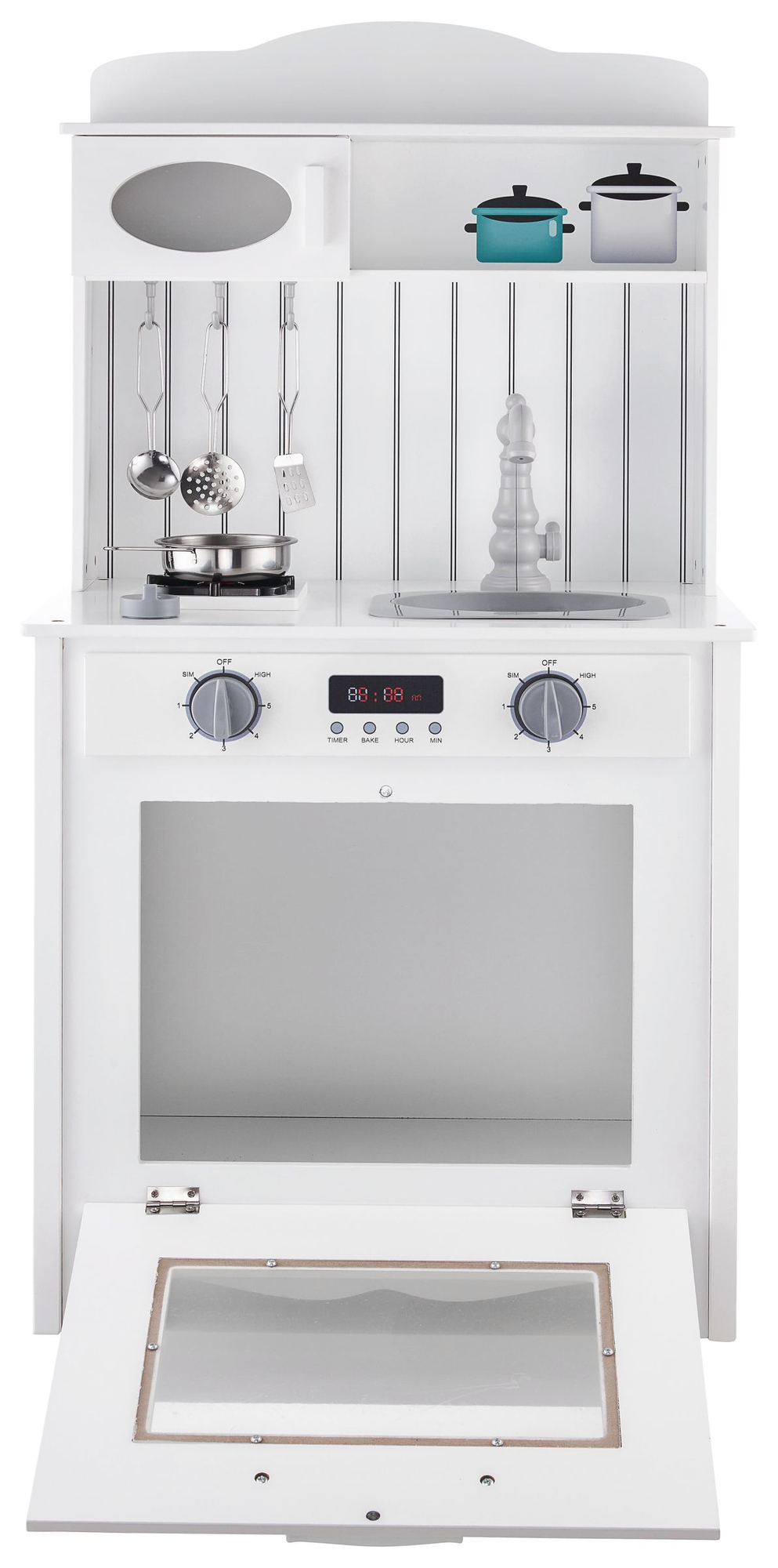 Valge puidust köök koos esiliistu, aksessuaaride ja LED-lambiga