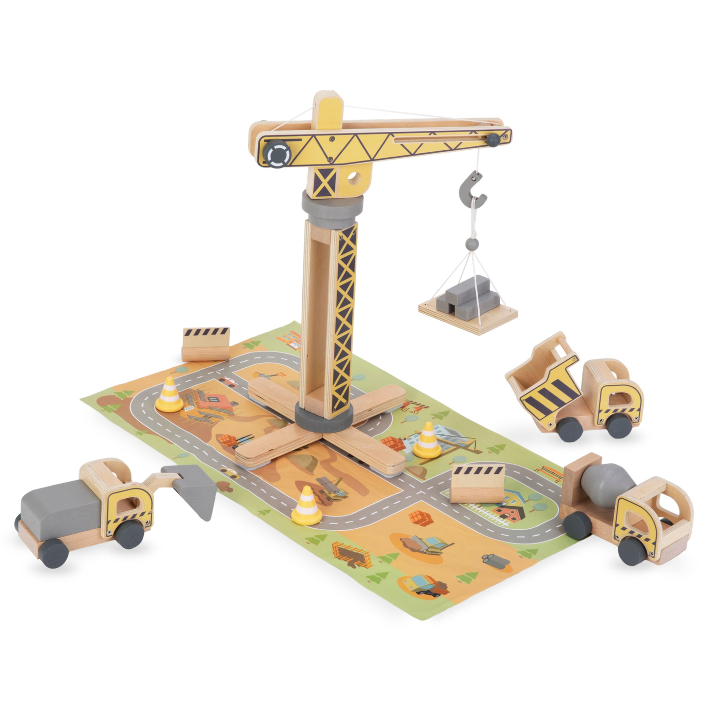 Puidust ehitusplats koos suure liikurkraana ja sõidukitega, tornkraana