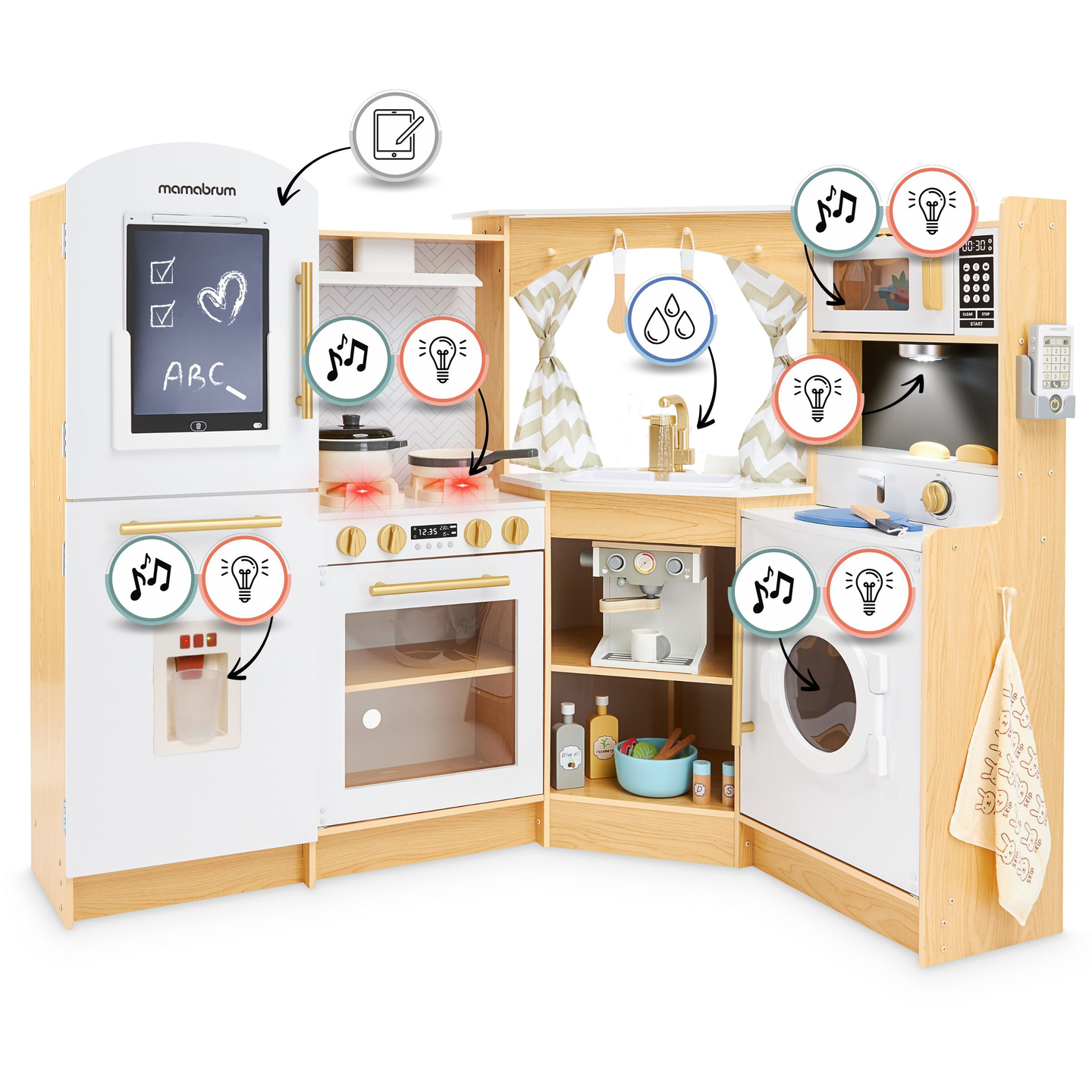 XXXXL suur puidust interaktiivne köök LED-valgustusega, pesumasin, mikrolaineahi, kohvimasin ning puu- ja köögiviljakomplekt - 50 elementi