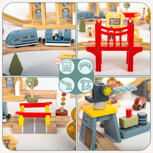 Puidust linnaraudtee elektrirongiga - liikuv kraana, laev, sillad