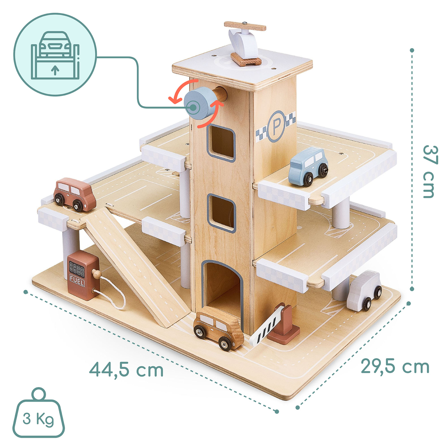 Puidust kolmekorruseline parkla koos liftiga - autode ja helikopteri garaažiga