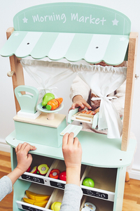 Suur puust kauplus - kiosk ja teater 2 in 1 koos kaaluga, makseterminal, puu- ja köögiviljadega