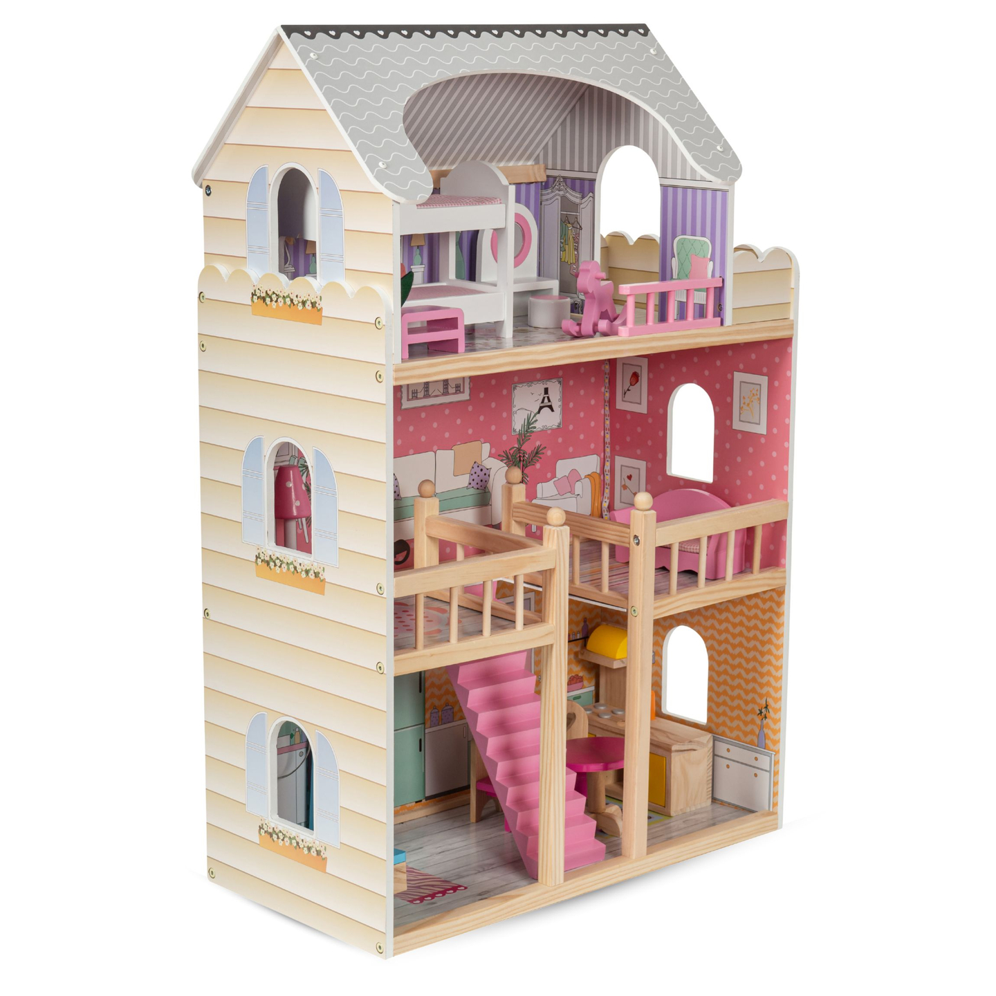 Suur puidust 3-korruseline nukumaja koos terrassi, mööblikomplekti ja LED-valgustusega!