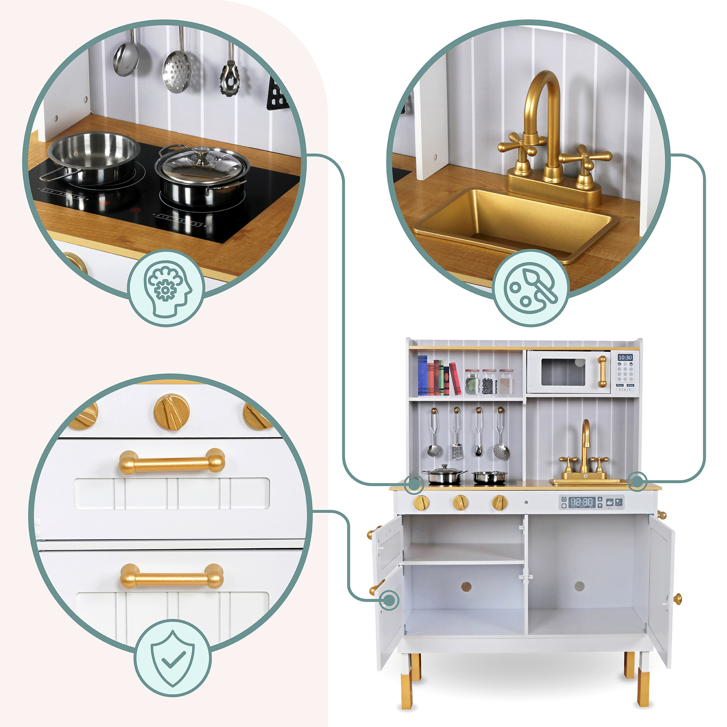 Puidust valge köök koos aksessuaaride ja esiplaaniga